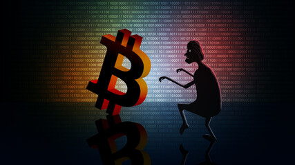 Bitcoin cryptocurrency theft concept with a silhouette of a thief sneaking towards a coin on a dark digital background. Vector EPS10. © Vladimir Kazakov