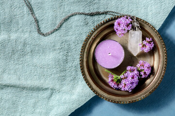 Aromatherapy banner design template. Crystal vial for perfume, vervain flowers, and a scented...