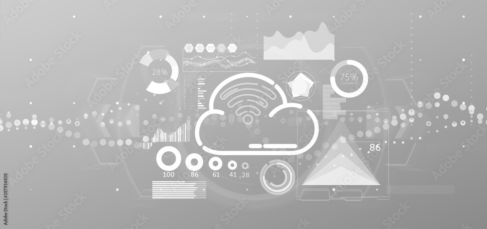 Poster cloud and wifi concept with icon, stats and data 3d rendering