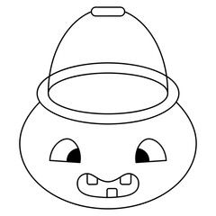 Candy pot. Trick or treat. Vector illustration. Pumpkin-shaped bucket. Outline on an isolated white background. Coloring book for children. Halloween symbol. Doodle style. Friendly facial expression. 