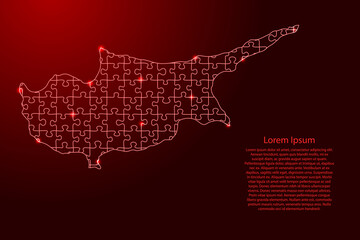 Cyprus map from puzzles red line and glowing space stars parts mosaic grid. Vector illustration.