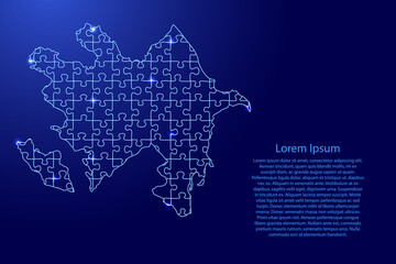 Azerbaijan map from puzzles blue line and glowing space stars parts mosaic grid. Vector illustration.