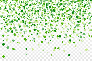 Shamrock or clover leaves flat design green backdrop pattern vector illustration isolated on transparent background. St Patricks Day shamrock symbols decorative elements.