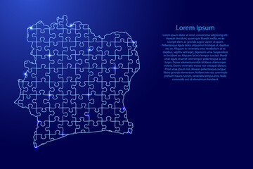 Ivory Coast map from puzzles blue line and glowing space stars parts mosaic grid. Vector illustration.