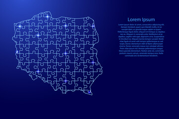 Poland map from puzzles blue line and glowing space stars parts mosaic grid. Vector illustration.