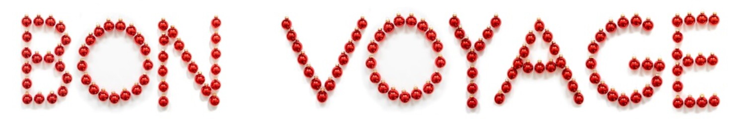 Red Christmas Ball Ornament Building French Word Bon Voyage Means Good Trip. Festive Christmas Decoration. White Isolated Background