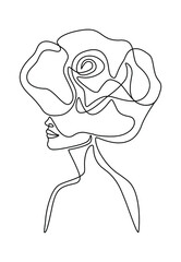 One line drawing of woman portrait with rose. Single continuous line abstract face with flower, save nature concept, botanical print. Vector fashion illustration