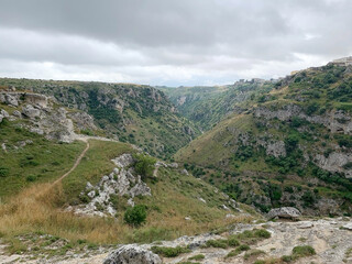 Canyon carved by the Gravina River where lies Matera, Basilicata, Italy