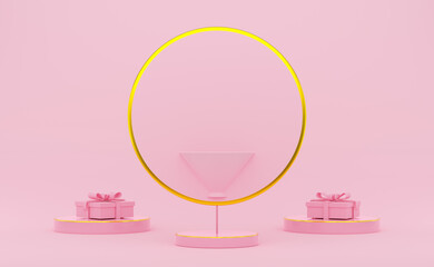 podium empty with geometric shapes in pink pastel composition for modern stage display and minimalist mockup ,abstract showcase background ,Concept 3d illustration or 3d render