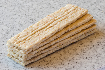 Crispy, dietary, wheat, buckwheat-barley breads without whole grain yeast.