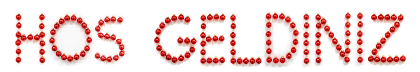 Red Christmas Ball Ornament Building Turkish Word Hos Geldiniz Means Welcome. Festive Christmas Decoration. White Isolated Background