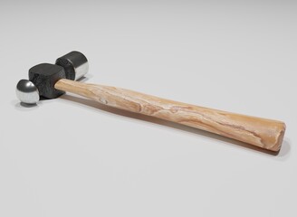 Hammer tool 3D rendering on a white wallpaper background