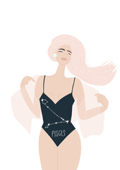 Representative of the Pisces sign. Attractive girl with long pink hair. Constellation. Illustration