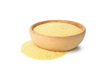 Bowl with raw couscous isolated on white background
