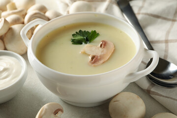 Concept of tasty lunch with bowl of mushroom soup on white background