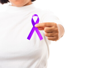 National Epilepsy or Alzheimer disease Day. Young woman holding purple ribbon on hand symbol of...