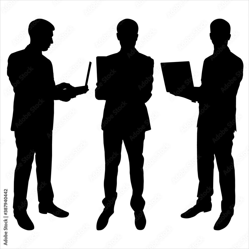 Poster set of silhouettes of businessman in suit. man working at computer. programmer standing and holds in