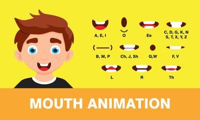 Boy mouth animation with different expressions in flat style vector illustration set. Lip sync sound pronunciation and phoneme mouth talk expression character chart.