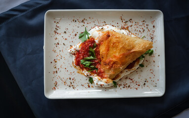 Borek served with sauce,yogurt and parsley