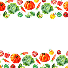 Watercolor vegetables, green leaves, mix. Red hot chili pepper, pumpkin, tomaro, carrot, broccoli. Border, frame isolated on white background. Hand painting on paper.