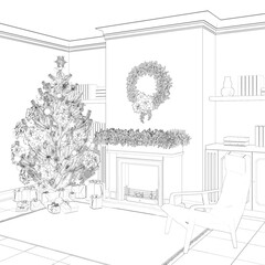 Sketch of the Christmas interior with a decorated Christmas tree and gifts next to the fireplace and cozy chair. There are shelves with books in the background. 3d render