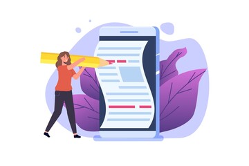 Content writer, Blogging, creative writing concept with character. Vector illustration.