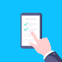 Hand points to smartphone with complete checklist, check marks tick icon vector illustration. Technology concept of online survey isolated on blue background.