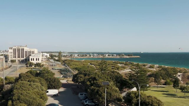 Fremantle abandoned power station next to the beach. Aerial drone footage of australian beaches. Western australia
