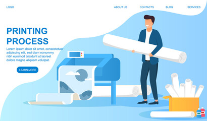 A man printing a banner on a huge typographic printer. Flat cartoon vector illustration with fictional character. Website, web page or landing page template.