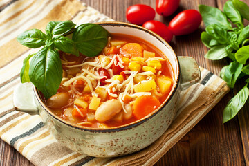 Minestrone, italian vegetable soup with noodle on wooden table