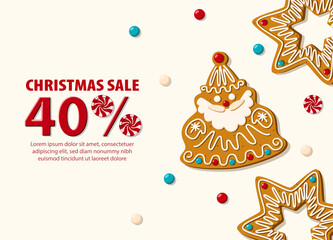 Christmas sale banner with gingerbread cookies. Vector illustration