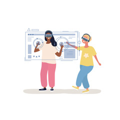 Concept of digital gadgets and devices. A boy and a girl using app and digital projection with virtual reality glasses. Flat cartoon vector illustration isolated on white background.