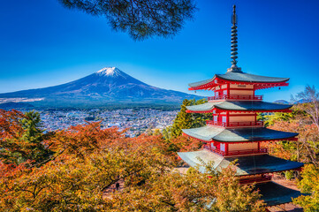 The Chureito Pagoda of Arakura Sengen Shrine, Yamanashi Prefecture, Japan, with a backdrop of Mount...