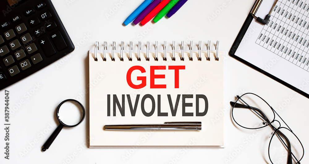 Poster keyboard of charts, calcualtor, pencil and notepad with text get involved on the white background