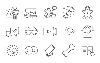 Like, Video camera and Smartphone broken line icons set. Candlestick chart, Chemical formula and Dog bone signs. Read instruction, Medical drugs and Collagen skin symbols. Line icons set. Vector
