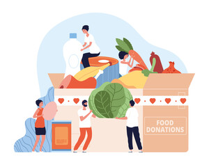 Foods donate. Holiday food drive donation, christmas charity. Volunteers collect cardboard box aid with cans and groceries vector concept. Illustration charity box, donation in cardboard