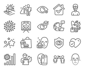 Medical icons set. Included icon as Check eye, Face recognition, Medical mask signs. Eye protection, Coronavirus, Skin care symbols. Vision board, Social distancing, Face cream. Mint bag. Vector