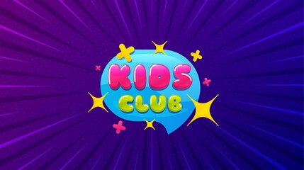 Kids club banner. Purple background with offer message. Fun playing zone sticker. Children games party area icon. Best advertising coupon banner. Kids club badge shape. Abstract background. Vector