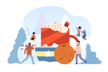 Winter hot drink. Friends make chocolate drink, christmas food candy cookie. Family holidays, cocoa cup on snow street vector illustration. Warm mug cocoa, coffee winter beverage