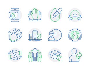 People icons set. Included icon as Business targeting, Working hours, Apartment insurance signs. Group, Helping hand, Global business symbols. Eye drops, Hold box, Mobile like. Hand, Vote. Vector