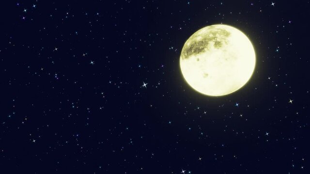 The golden yellow full moon is reflected in the sea. The shadow of the island in the ocean The sky has many stars. Ripples on the sea at night.3D Rendering
