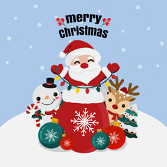 Merry Christmas and happy new year greeting card with animal cartoon character vector.