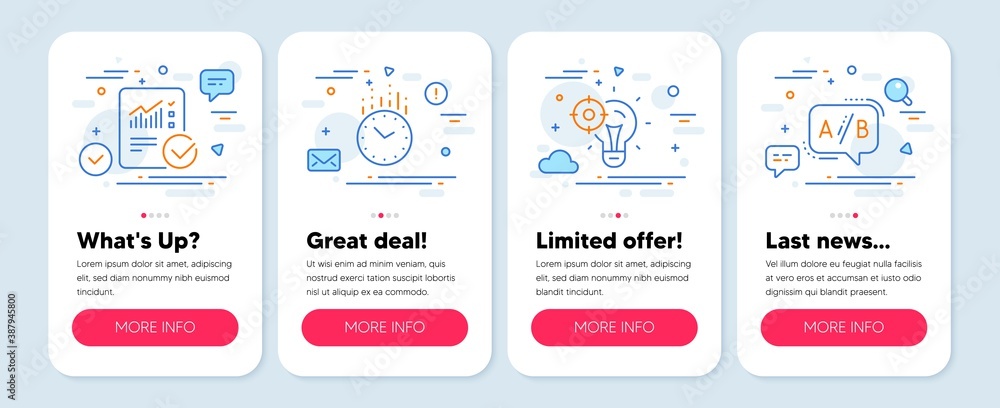 Aufkleber set of science icons, such as seo idea, time, checked calculation symbols. mobile screen mockup bann