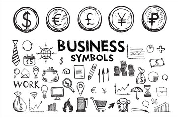 Hand drawn business symbols. Management concept with Doodle design style.	