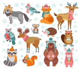 Winter animal characters. Style holiday animals, cute christmas raccoon rabbit fox deer. Woodland funny greeting friends vector illustration. Character christmas deer and owl in hat, rabbit animal