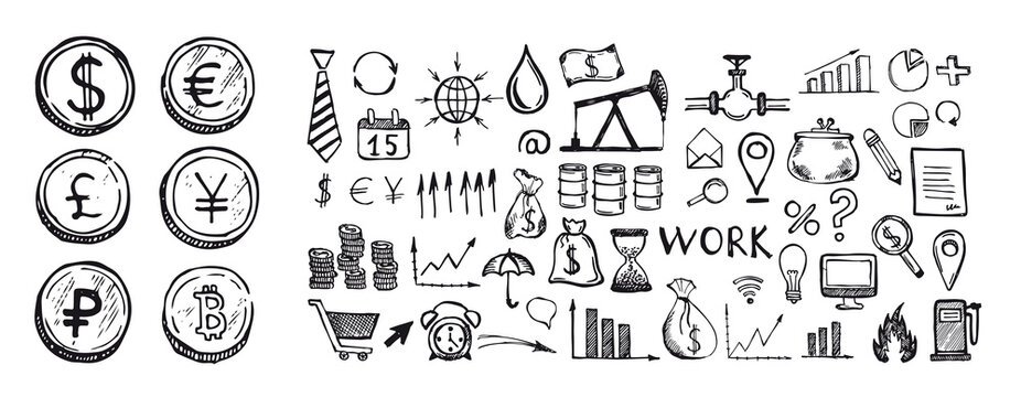 Hand drawn business symbols. Management concept with Doodle design style.	