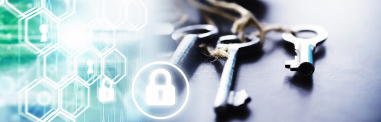 Set of vintage keys for a lock. Retro keys on a dark stone background. The concept of choosing the path to achieve the goal.