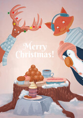 Digitally hand-drawn Merry Christmas background with cute woodland animals. For winter cards and invitations.