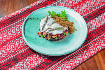 Traditional russian salad with salted herring and beet -Dressed Herring. Russian and Ukrainian cuisine concept.