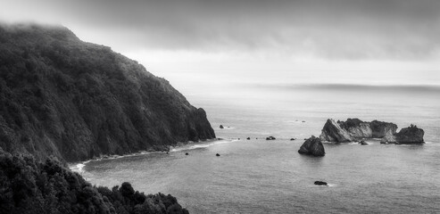 Beautiful Coastline panoramic view in black and white from Knight's Point Lookout on Haast Highway near Bruce Bay at the Tasman Sea on the South Island of New Zealand.